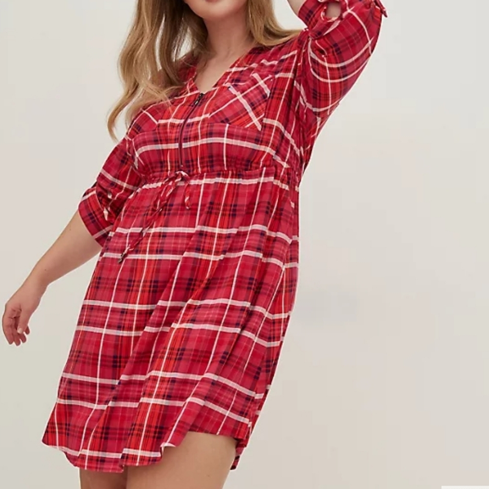 NWT Torrid Zip Front Plaid Challis Shirt Dress Red Size 0x 12 - Picture 3 of 14